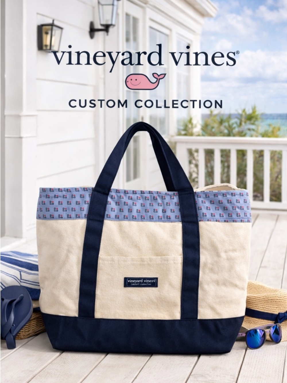 Vineyard Vines Custom Collection Canvas Tote Navy Preppy Beach Bag
